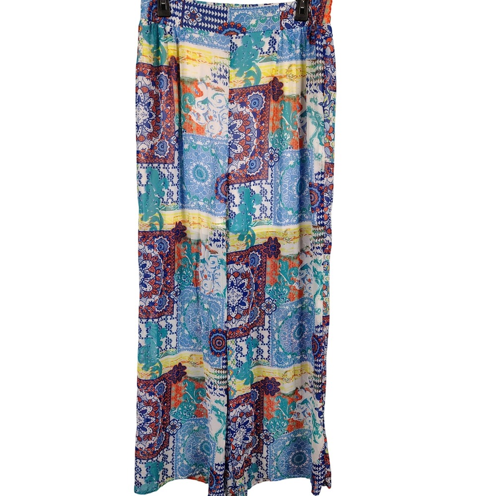 Cato Womens L Wide Leg Pants Multicolor Patchwork Mandala Boho Festival Chiffon